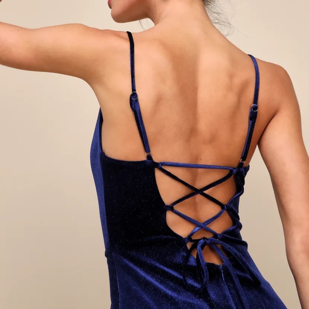 Navy Blue Glitter Lace-Up Tulip Midi Dress